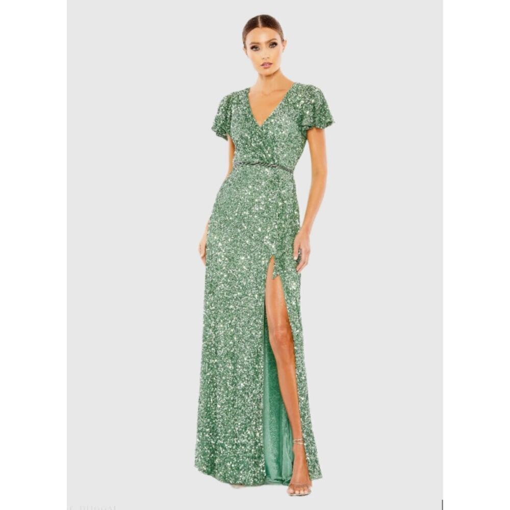 Mac Duggal A5540 Sequin Wrap Over Butterfly Sleeve Gown Womens 6 NWT
